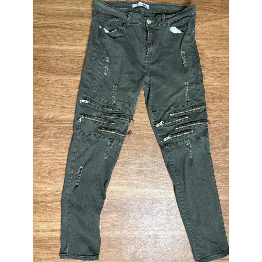 Blue Topic Mens Olive‎ Green Moto Distressed Zipper Skinny Jeans Size 17/18